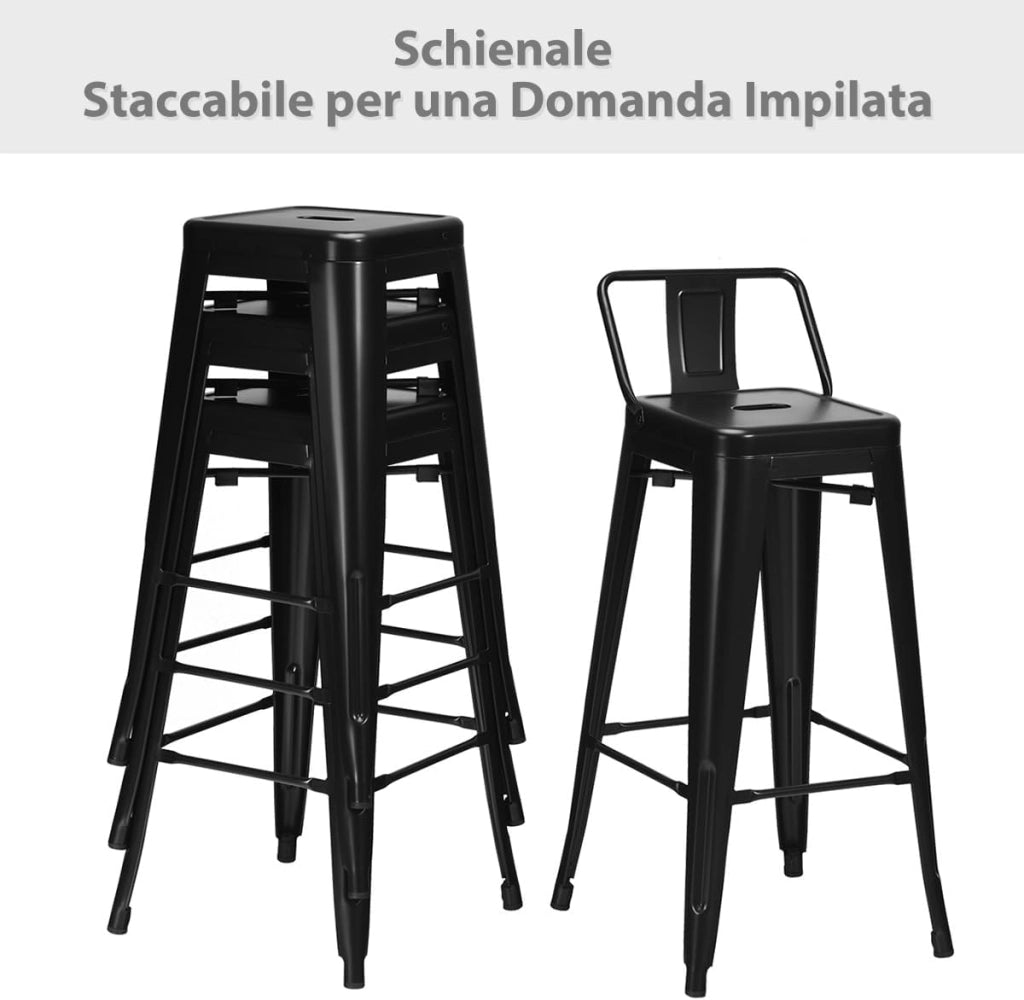 Set di 4 Sgabelli da Bar con Schienale da 94 cm, Sgabelli in Metallo Impilabili con Poggiapiedi per Cucina, Sala da Pranzo e Bar (Nero)