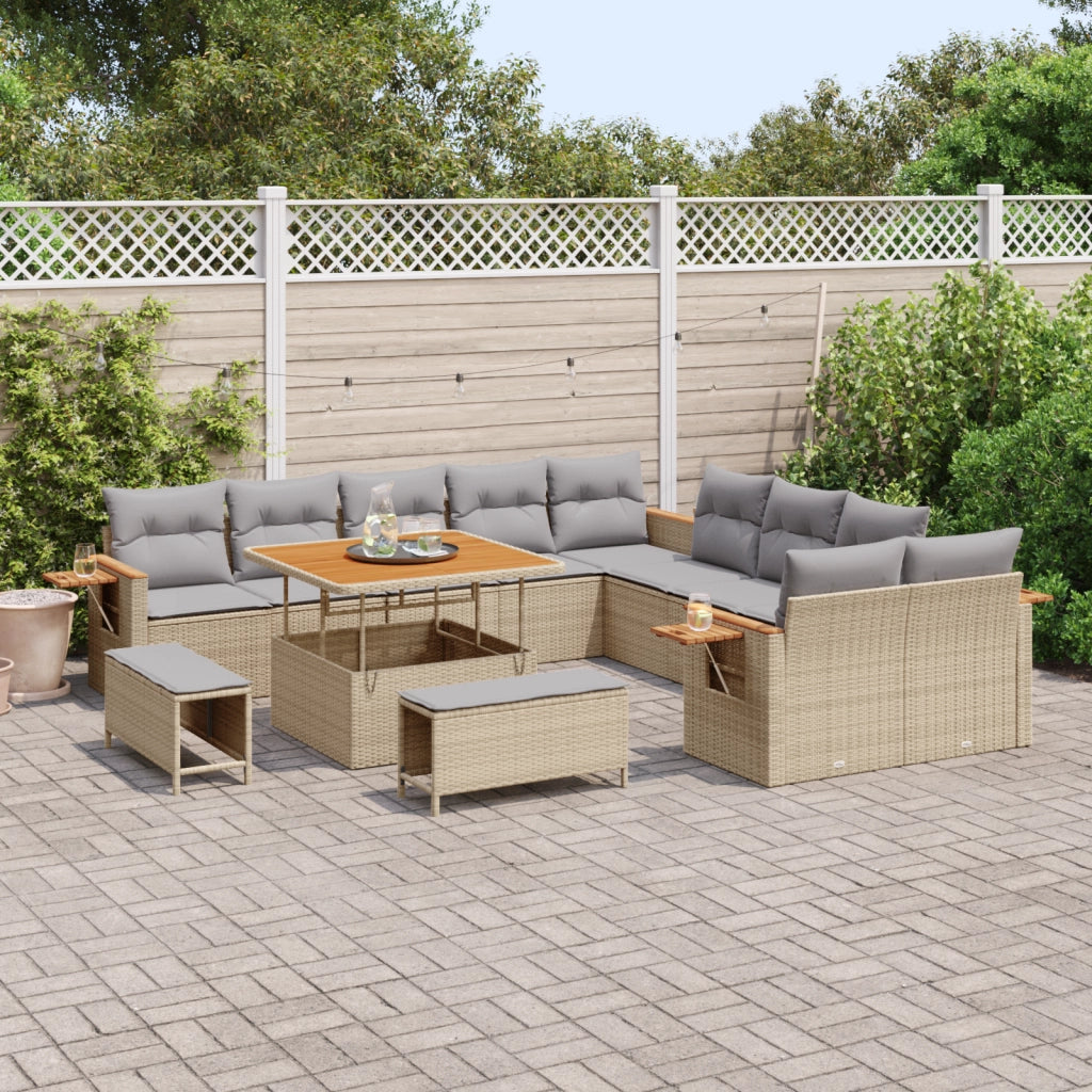Set Divano da Giardino 13 Pezzi con Cuscini Beige Polyrattan Acacia
