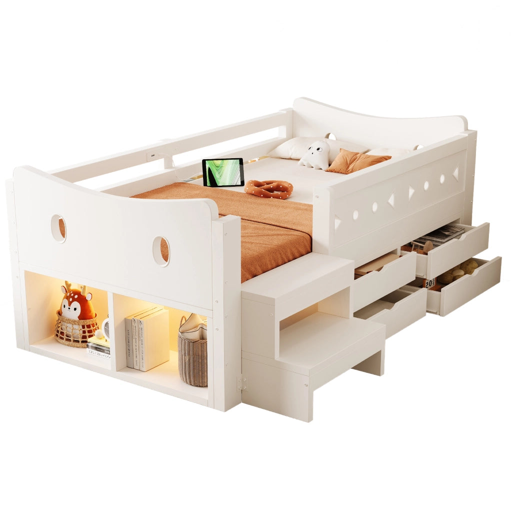 Lettino per bambini 90x200 cm in legno bianco con contenitore; LED e porte USB