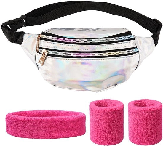 Costume a 4 pezzi - Stile anni '80 - Benda per la fronte - Benda per la testa - Assorbe la sudorazione - Adatto per la maggior parte delle misure - Abbigliamento sportivo