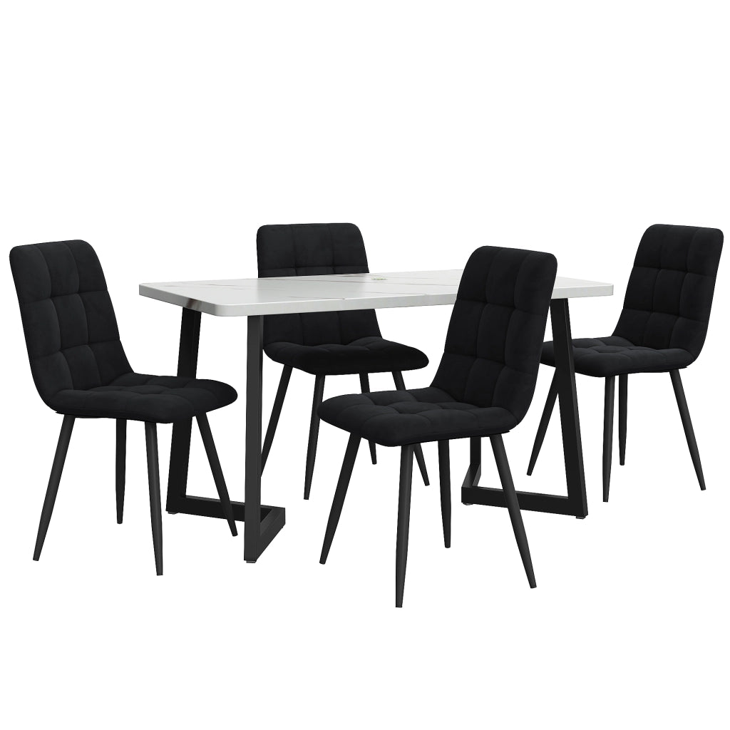 Tavolo da pranzo per 4 persone con 4 sedie, piano effetto marmo, per cucina e sala da pranzo, in MDF e velluto, nero