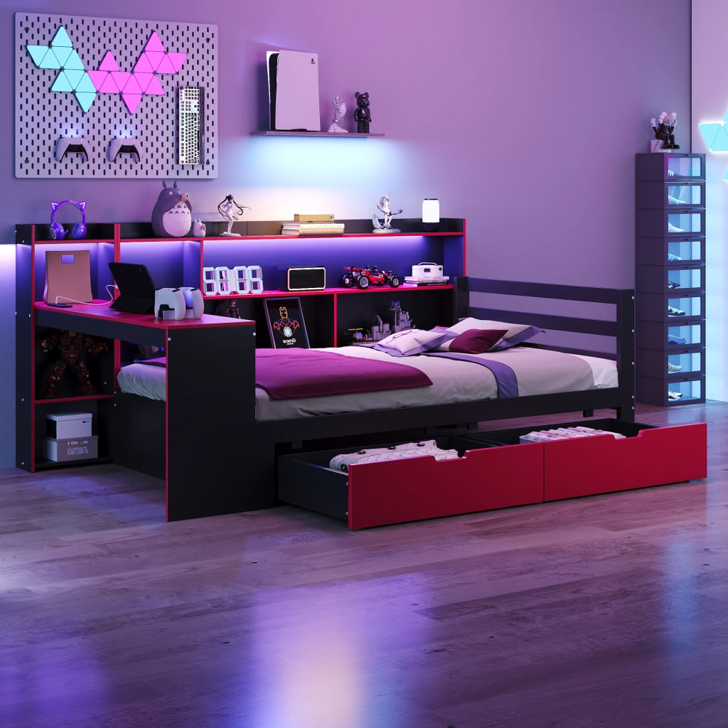 OKWISH Letto a Divano 90×200 cm, Letto Singolo con Scrivania, Libreria, 2 Cassetti, LED e Prese USB, senza Materasso, Nero e Rosso