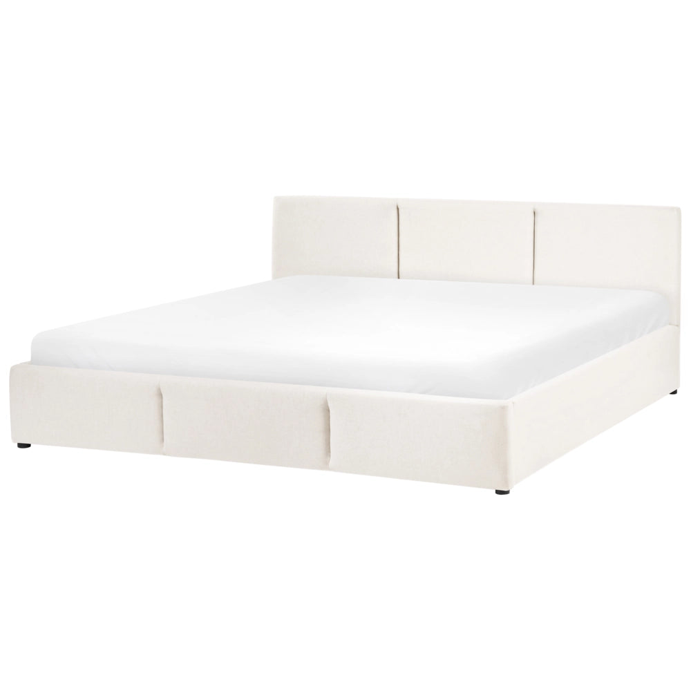 Letto rivestito in tessuto bianco sporco 180 x 200 cm, testiera trapuntata con vano portaoggetti