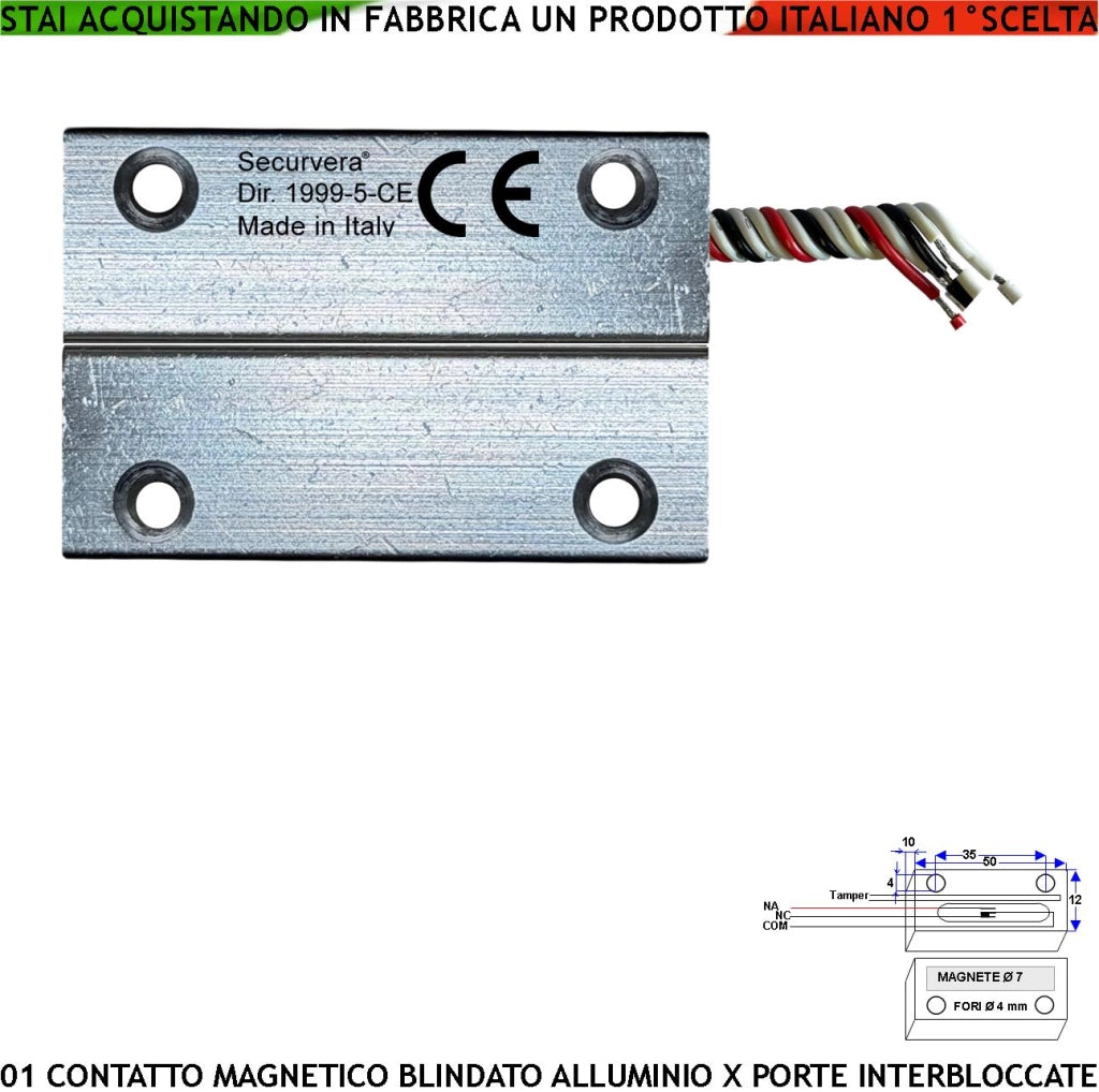 Sensore Magnetico Antifurto Alluminio Porte Ferro Interbloccata Posizione Aperta o Chiusa Contatto Reed Campo 20 mm 5 Fili 3 Scambio C.NC.NA 2 Tamper Tensione Max 30 V 10 W Fissaggio Tramite Fori IP65