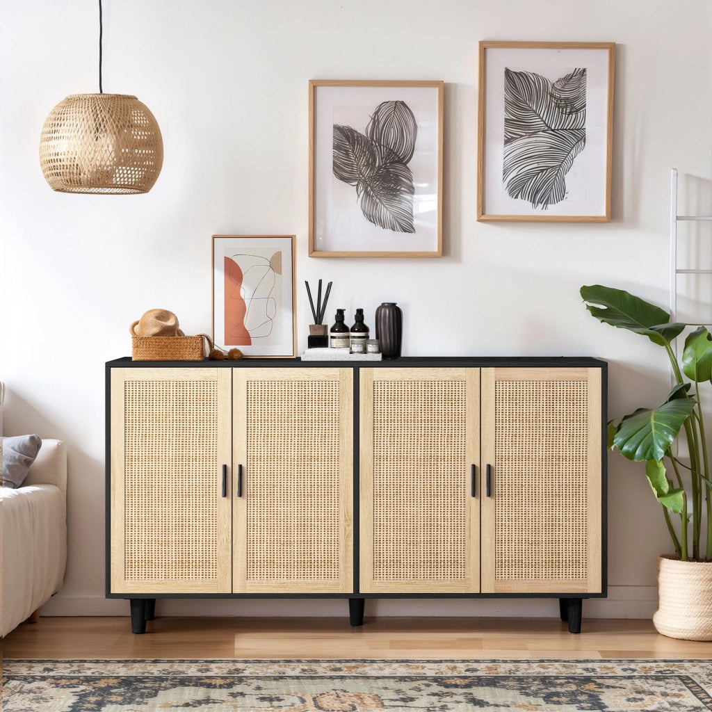 Armadio 4 Ante in Rattan ¨C Xylo ¨C Nero, Ripiani, Guardaroba, 158 cm