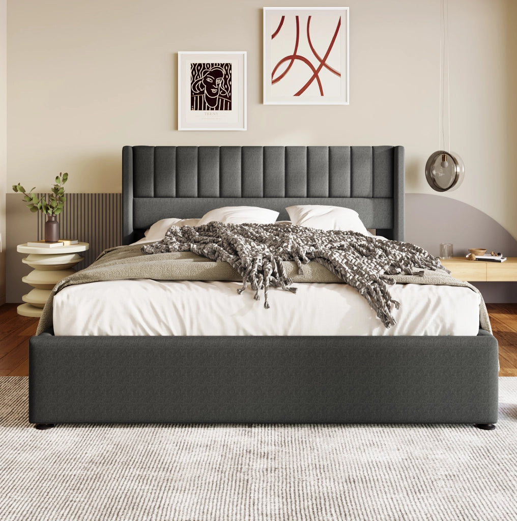 Letto contenitore imbottito grigio 160 x 200 cm con rete sollevabile