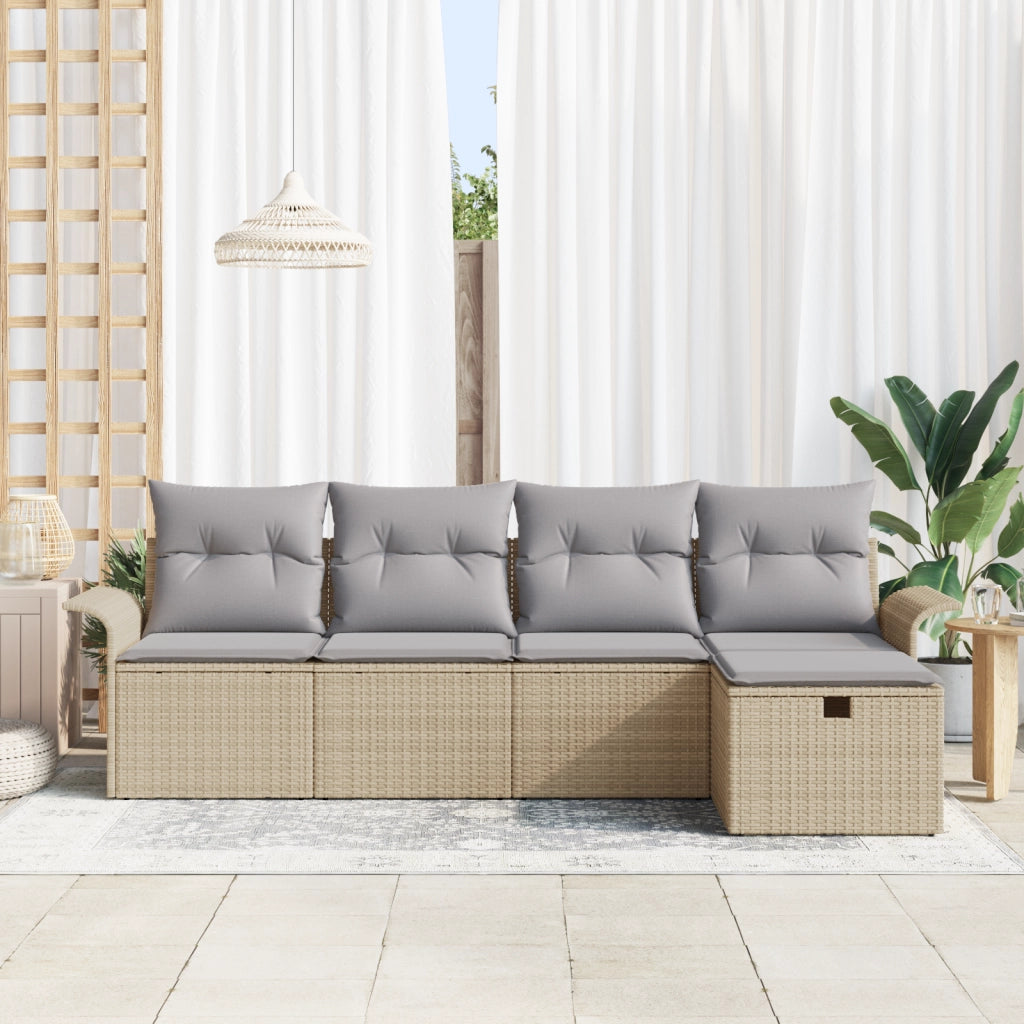 Set Divano da Giardino  da 5 Pezzi con Cuscini Beige Polyrattan