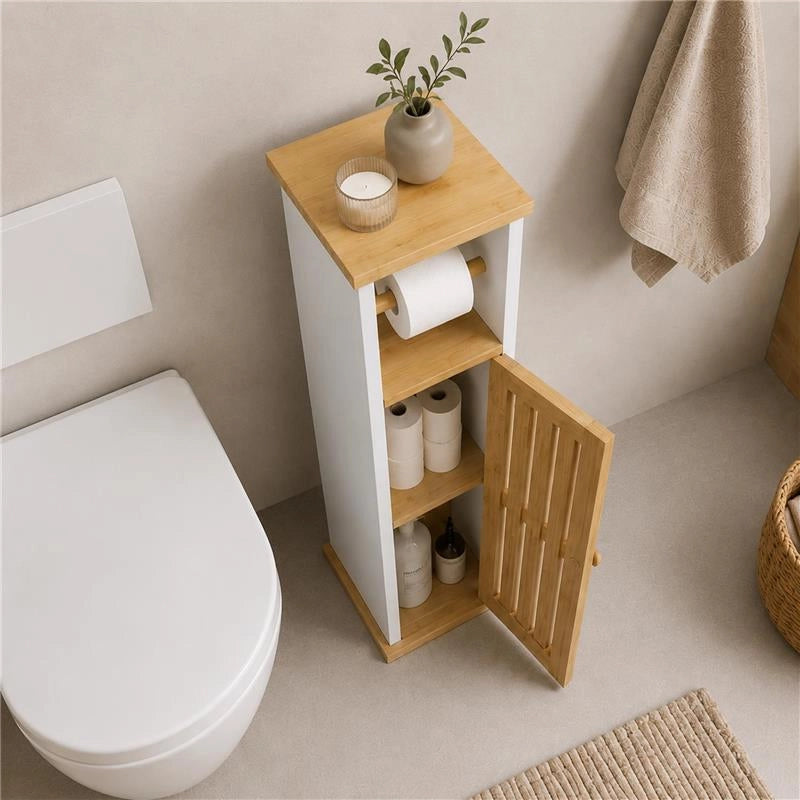 MOBILE PORTA ROTOLO IN LEGNO BIANCO CON ANTA IN BAMBOO DIMENSIONI 18X18X75 CM