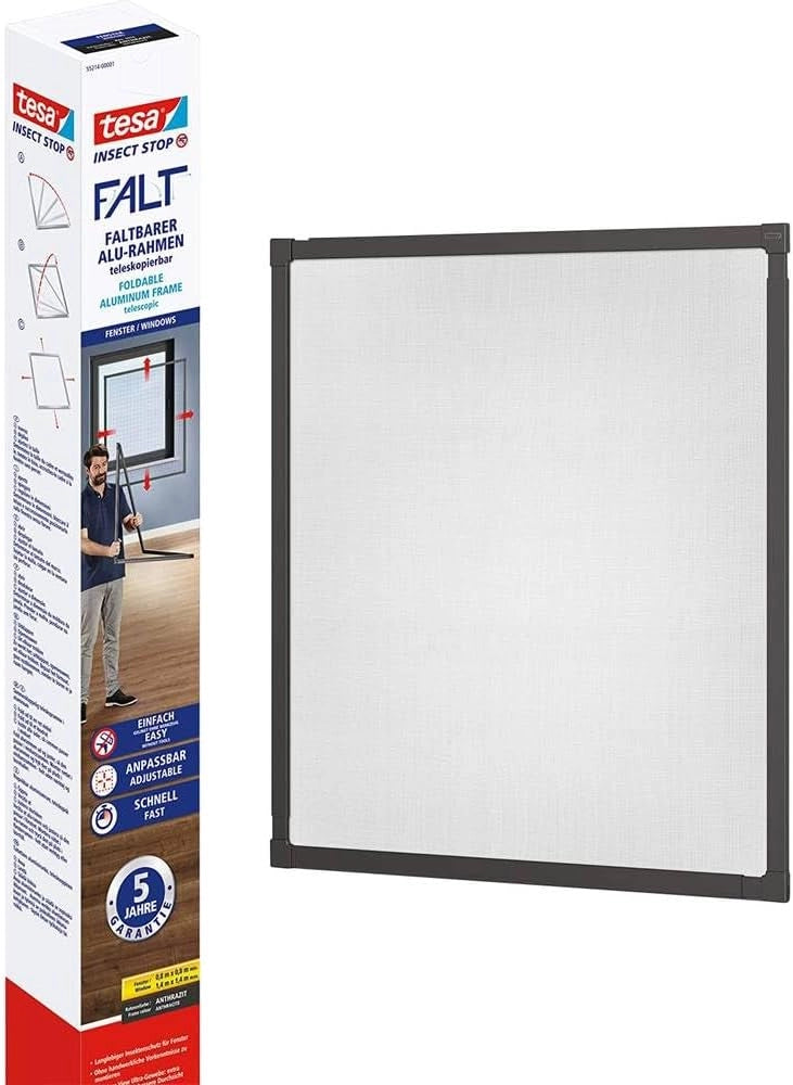 55214 Insect Stop Ripiegabile, Zanzariera per Finestre Telescopica con Telaio in Alluminio, Antracite, 80 x 80cm Fino a 140 x 140cm