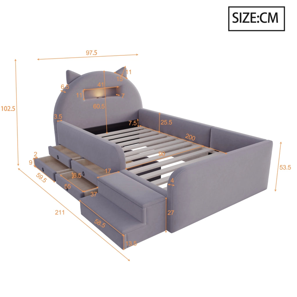 Letto per Bambini 90x200 cm; Letto Singolo con Cassetti; USB e Lampada da Lettura - Grigio Scuro