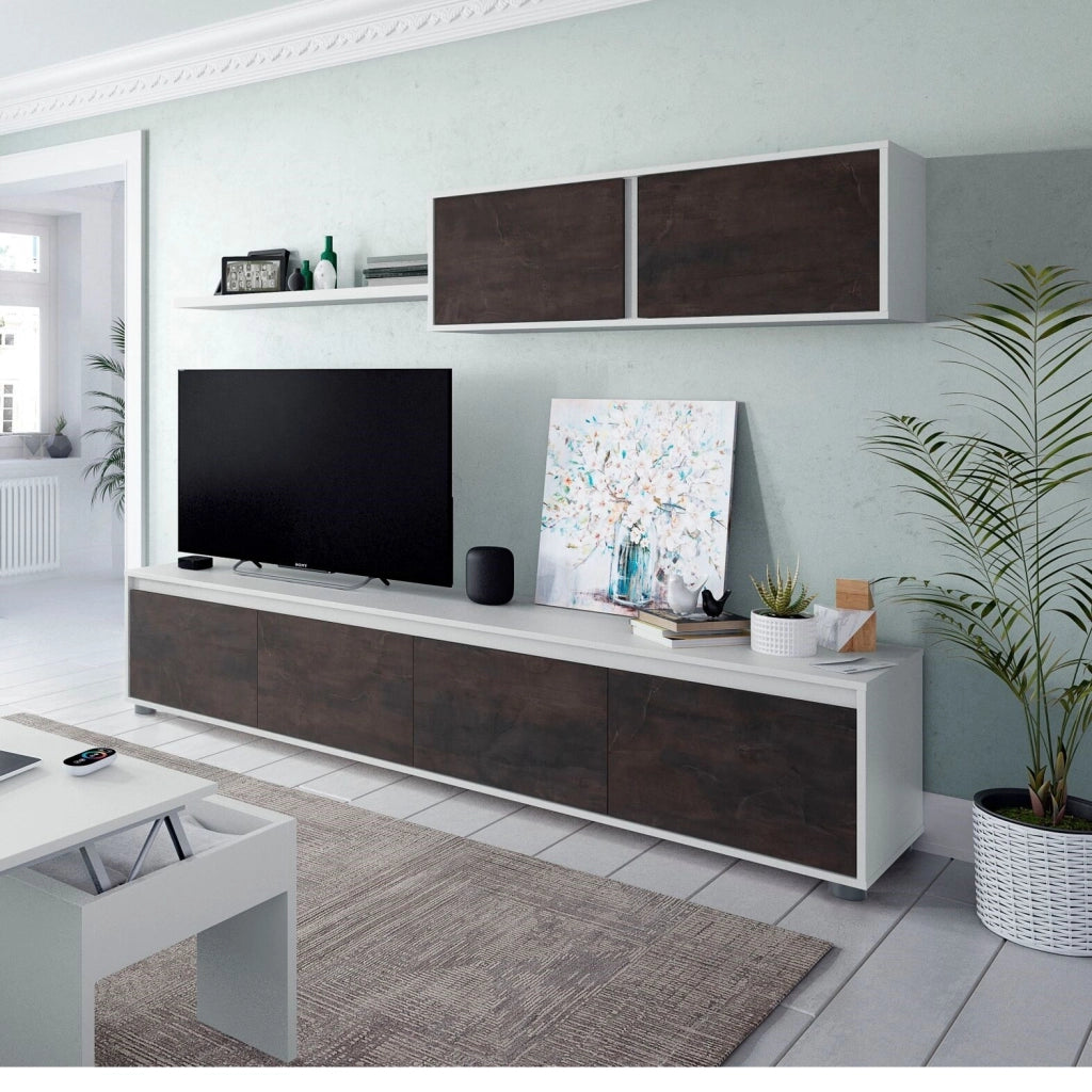 Parete Attrezzata Mobile Soggiorno Tv Con Mensola E Modulo Sospeso Per Salotto Sala Da Pranzo Design Moderno 200 X 41 X 43 Cm Colore Bianco/Ossido