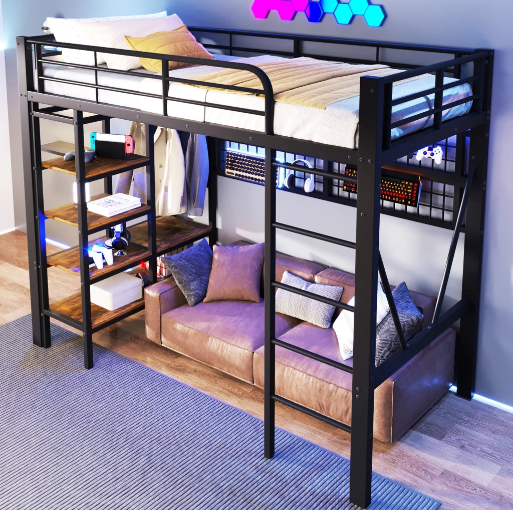 Letto a soppalco 90x200 cm con LED, vano e rete, nero