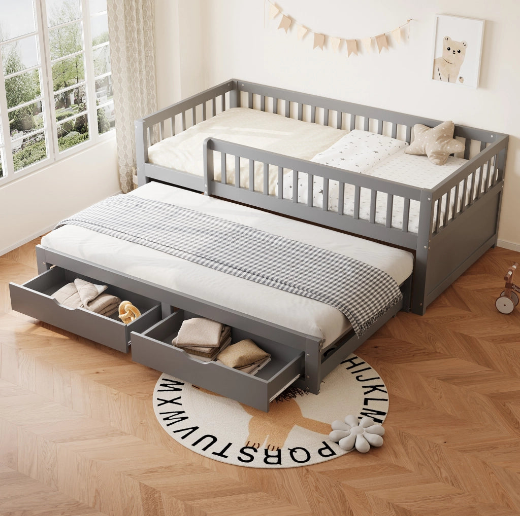 Divano letto 90x200 cm con letto estraibile e 2 cassetti in legno grigio