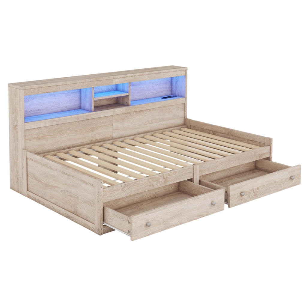 Letto daybed 90x200 cm con LED; 2 USB; 2 prese e 2 cassetti; naturale