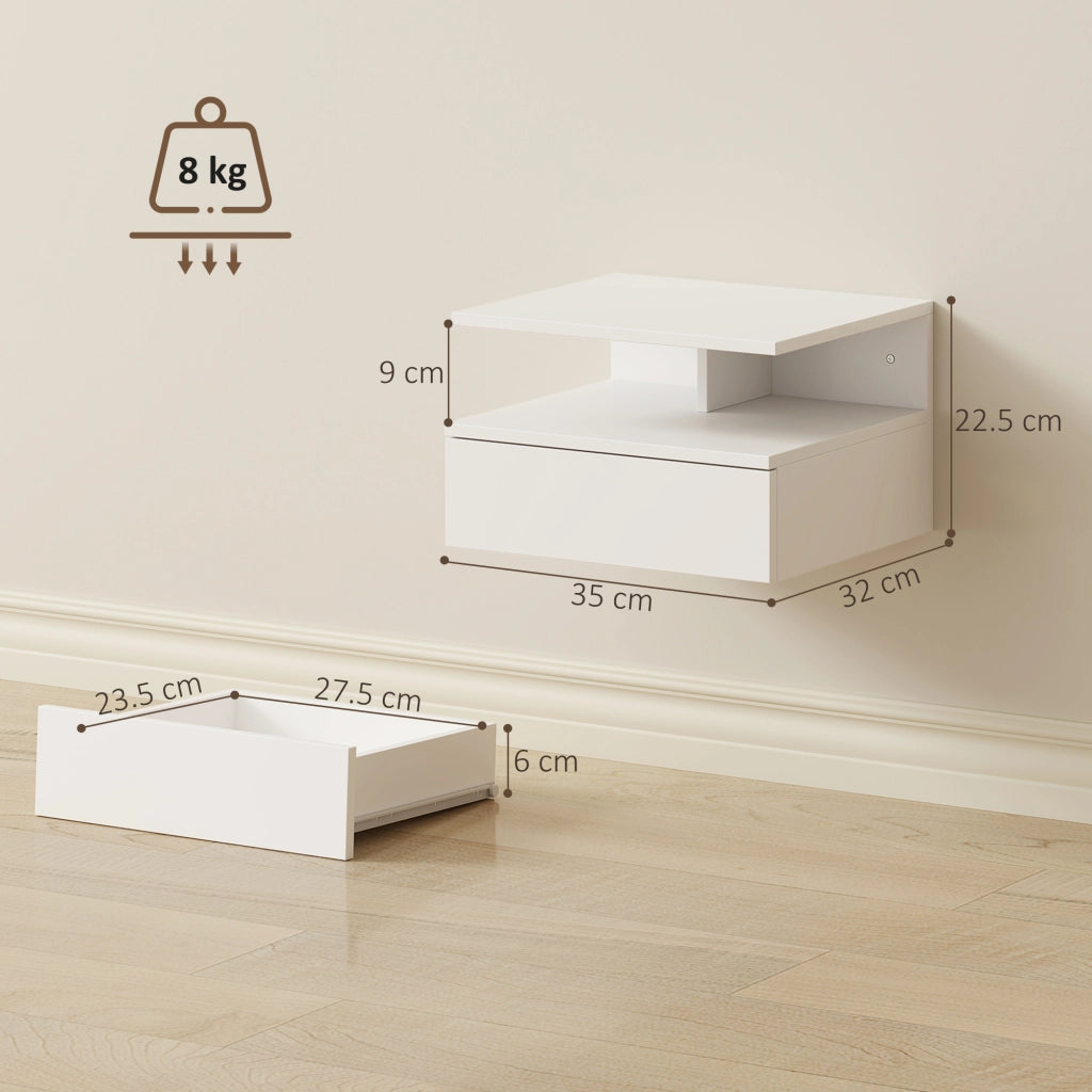Set di 2 Comodini Sospesi 35x32x22,5 cm con Cassetto e Mensola Aperta in Legno Bianco
