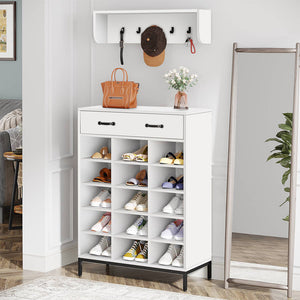 Mobile Ingresso con Scarpiera 15 Paia e Appendiabiti da Parete Bianco