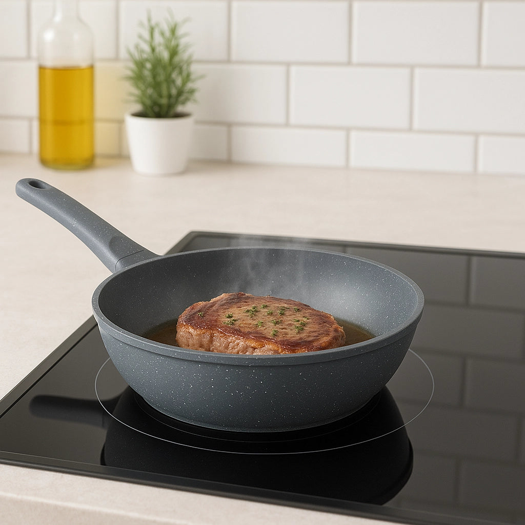 Padella Wok Antiaderente 30cm Alluminio Pietra con Coperchio Vetro Induzione Grigio