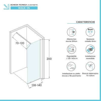 Doccia Walk-In 140 cm trasparente 8 mm profilo cromo H 200 cm  Tay
