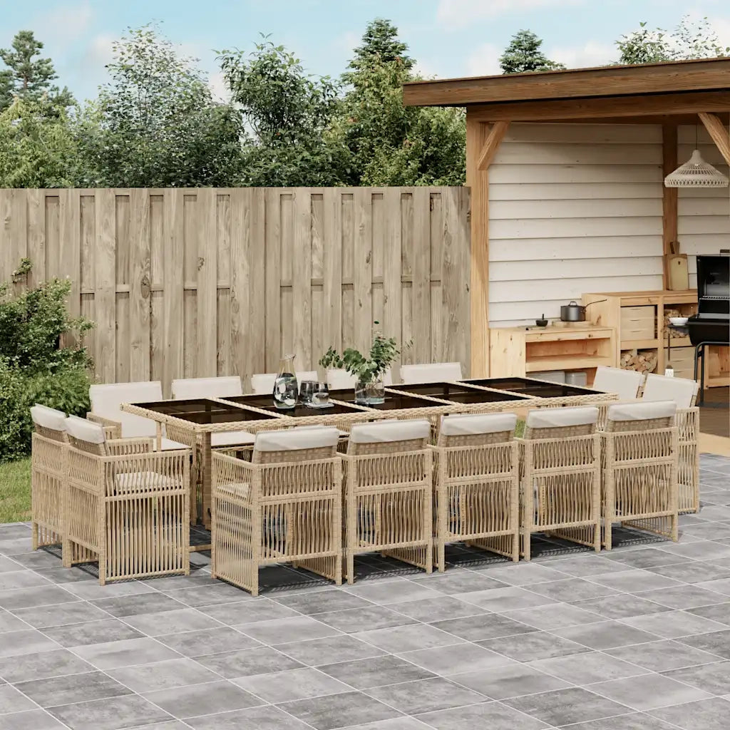Set da Pranzo da Giardino 15 pz con Cuscini Beige in Polyrattan