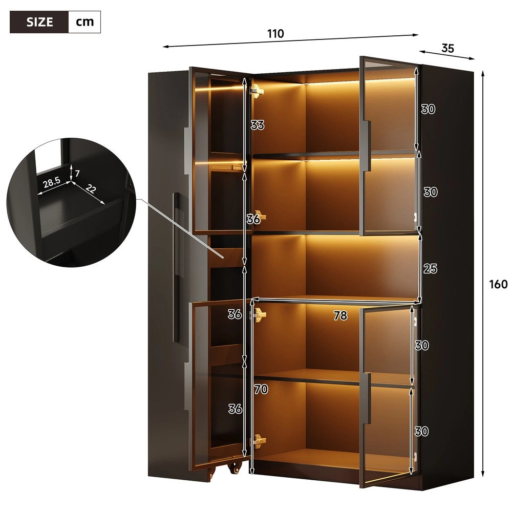 Vetrina con LED ¨C Xylo ¨C Nero, Ripiani Estraibili, Cassetti, 110x35x160