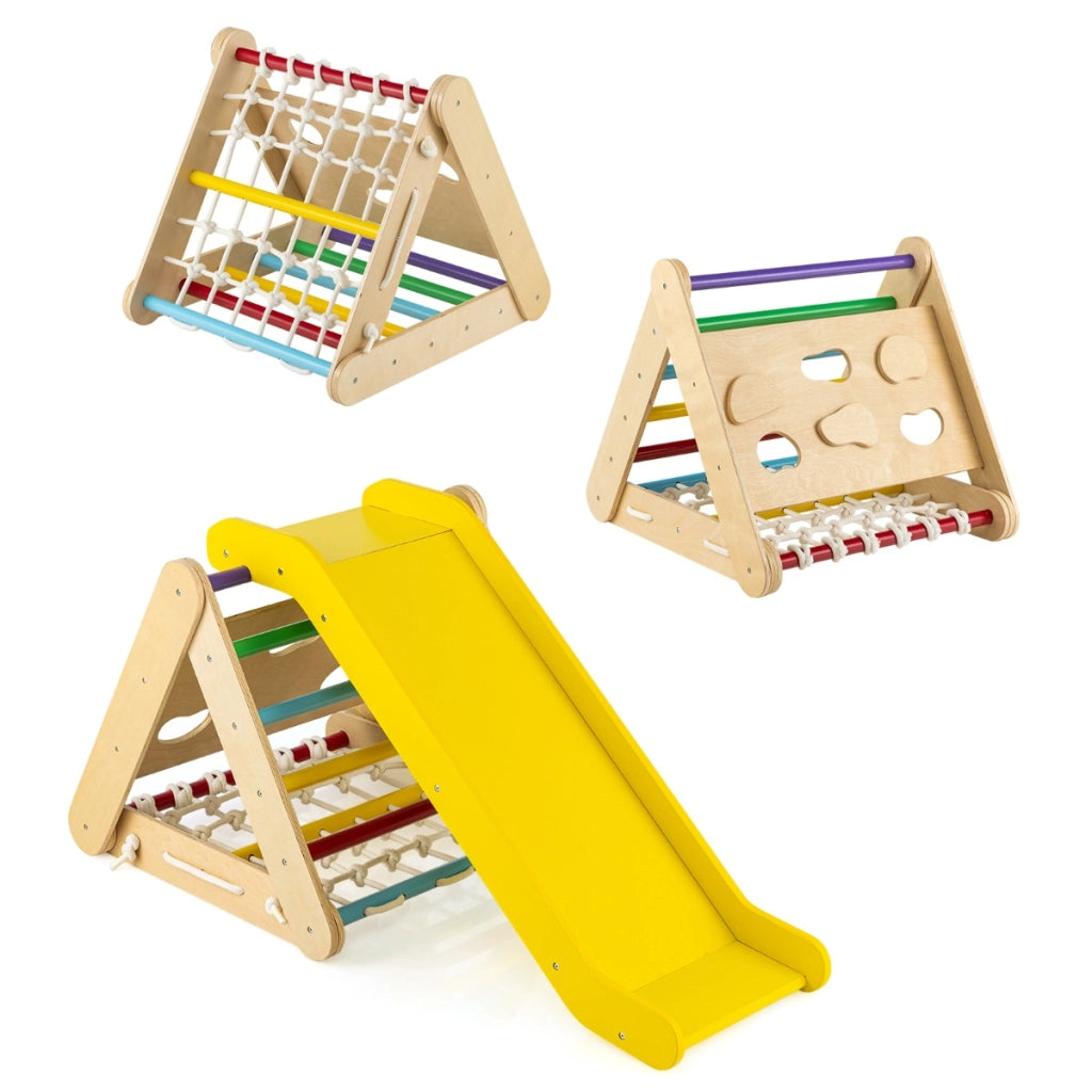 Arrampicata in legno per bambini 4-in-1 con scivolo, Arrampicata a triangolo per interni con rete Colorato-Arrampicate e scivoli