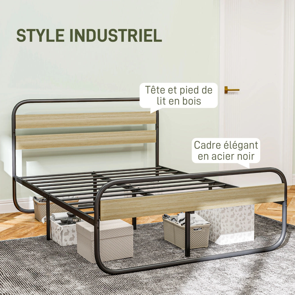 Letto Matrimoniale ¨C Zephmum ¨C Struttura in Acciaio Stile Industriale con Testiera e Rete, Aspetto Legno 140x190 cm