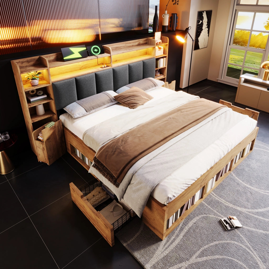 Letto in legno con testiera LED, comodini USB-C e cassetti, 160x200 cm, quercia
