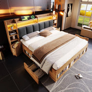 Letto in legno con testiera LED, comodini USB-C e cassetti, 160x200 cm, quercia