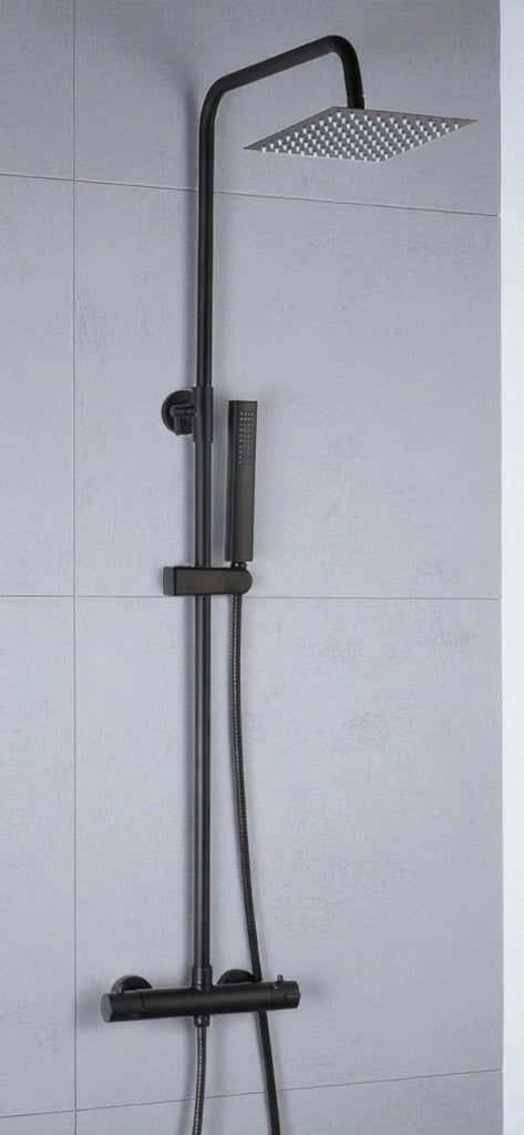Colonna doccia nera con rubinetto termostatico | Soffione a pioggia quadrato, doccetta, flessibile antitorsione, altezza
