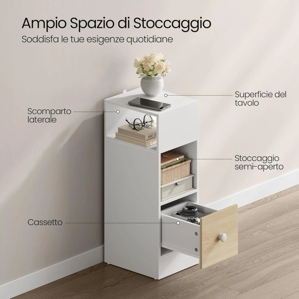 Set di 2 Comodino Stretto, Comodino con 2 Scomparti a Giorno e Cassetto, Tavolino da Notte 25x30x66cm, Mobile Salvaspazio per Camera da Letto, Soggiorno, in Truciolato, Rovere, 0011CTG-2