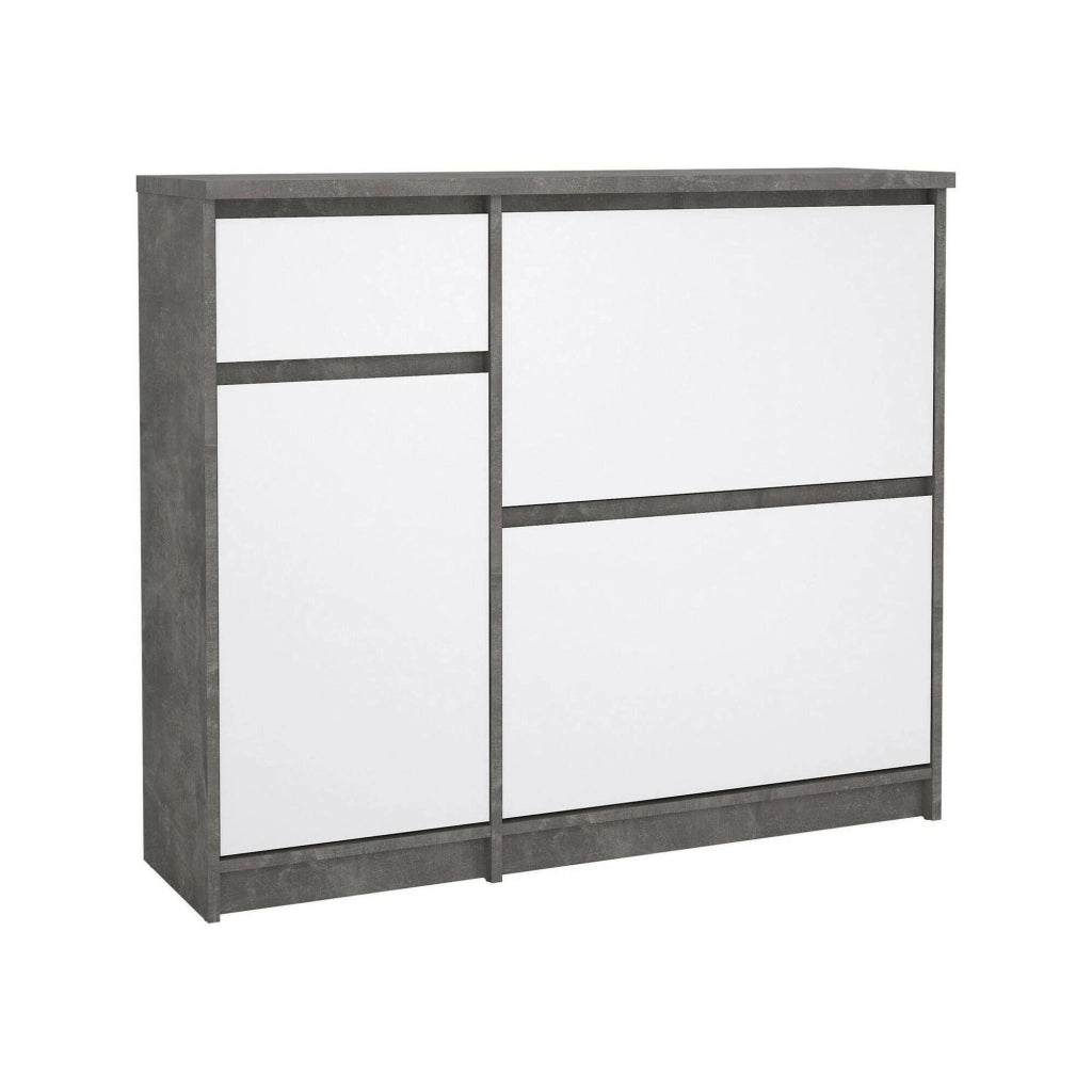 Scarpiera Todd, Mobile portascarpe, Armadio da ingresso multiuso, Mobiletto per calzature, 109x32 h93 cm, Cemento e Bianco lucido