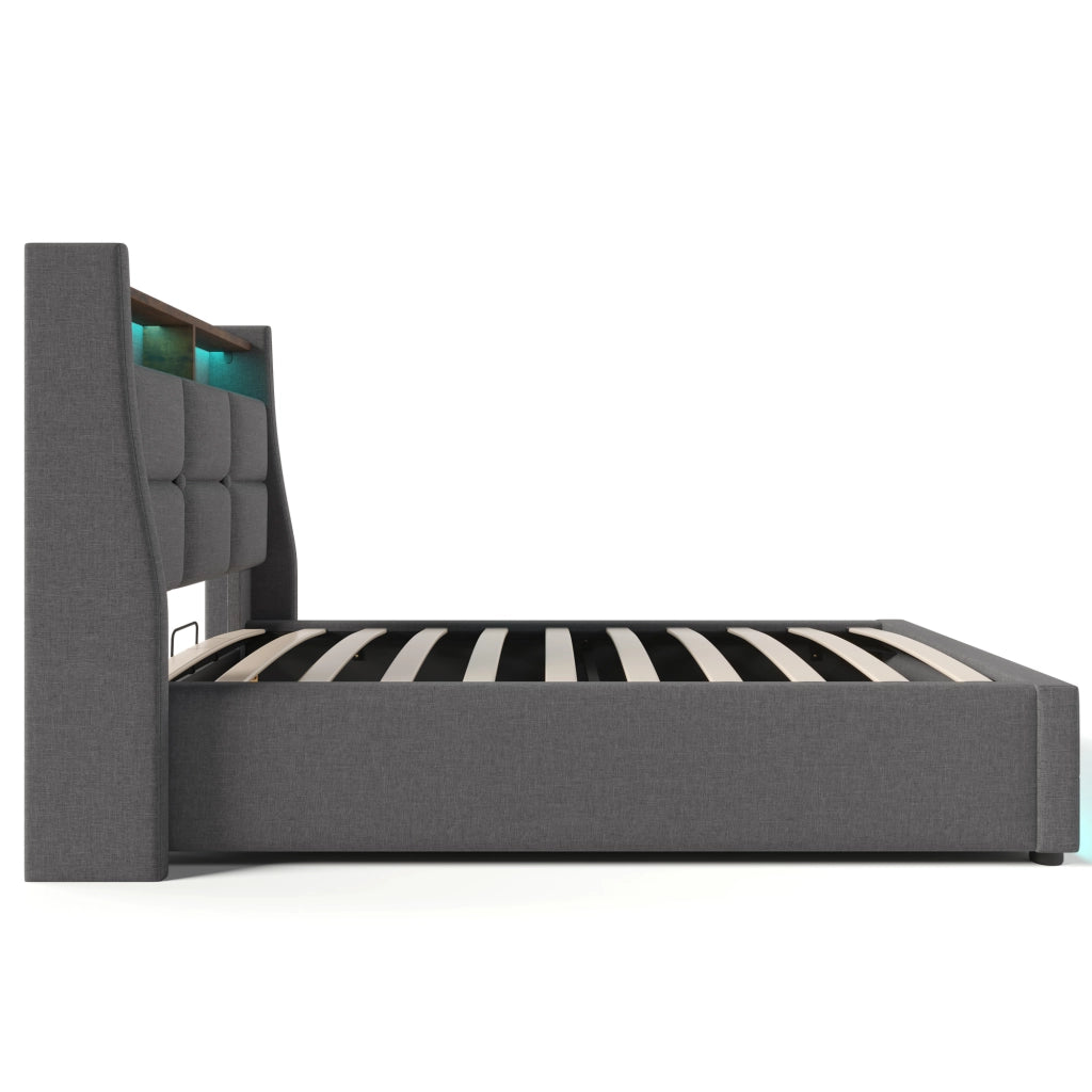 Letti contenitori 90x200 cm con LED e USB; lino grigio (Senza materasso)