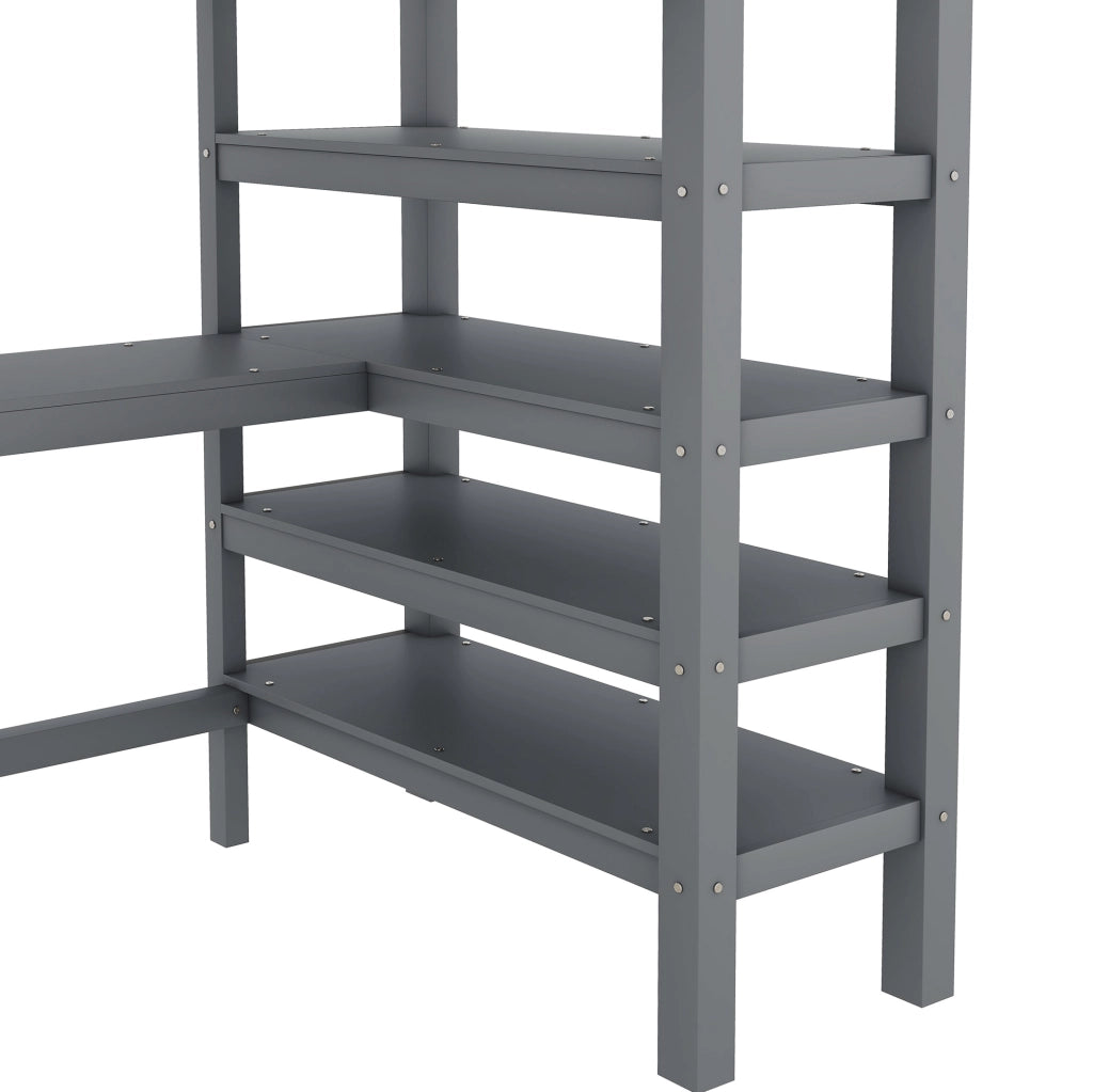 Letto a soppalco ULEVR 90x200 cm con scrivania e ripiani, scala integrata e barriera di sicurezza, grigio