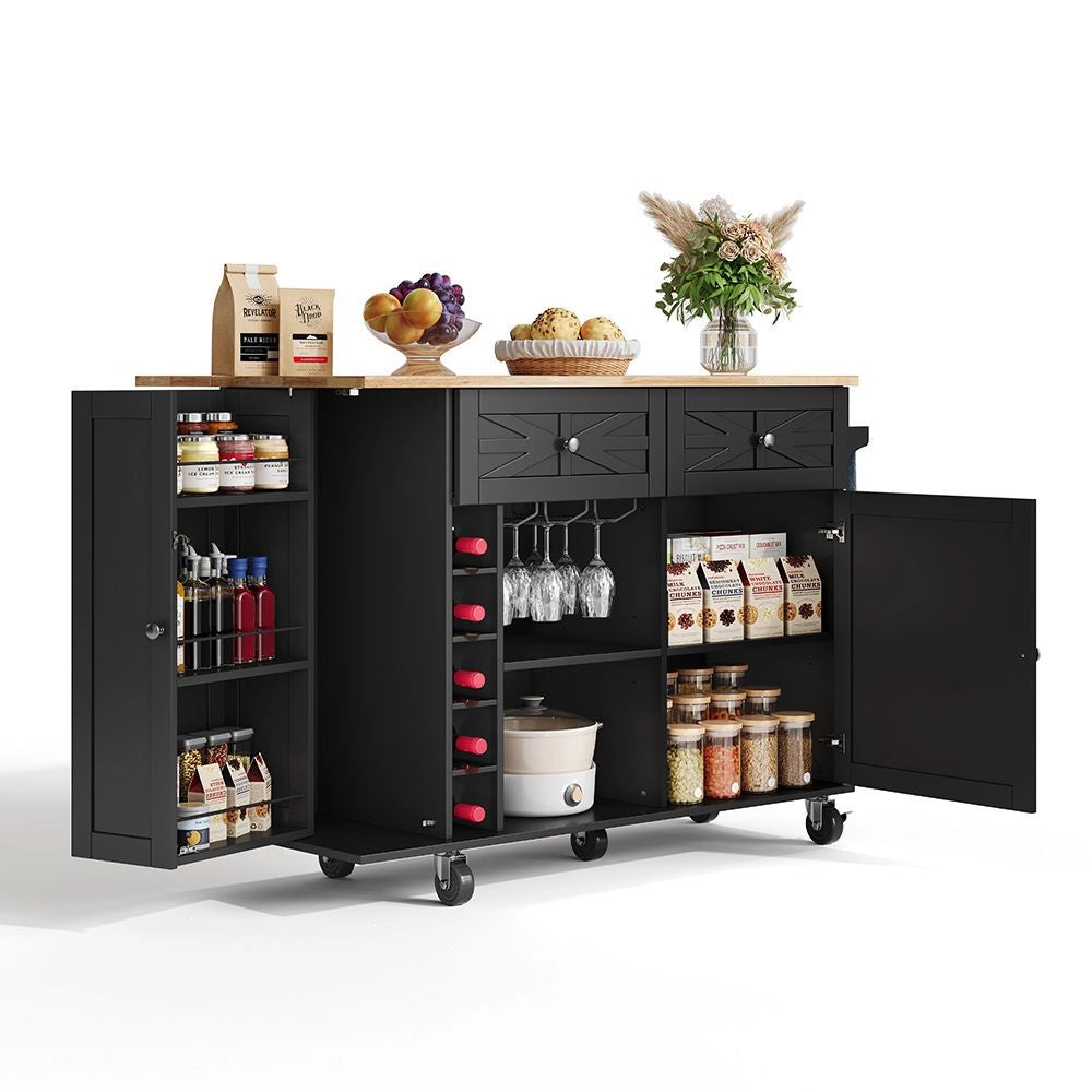 Isola da cucina con piano ribaltabile - Xylo - 5 ruote bloccabili, scaffale porta, porta bottiglie e bicchieri, nero, 120x45(70)x89 cm
