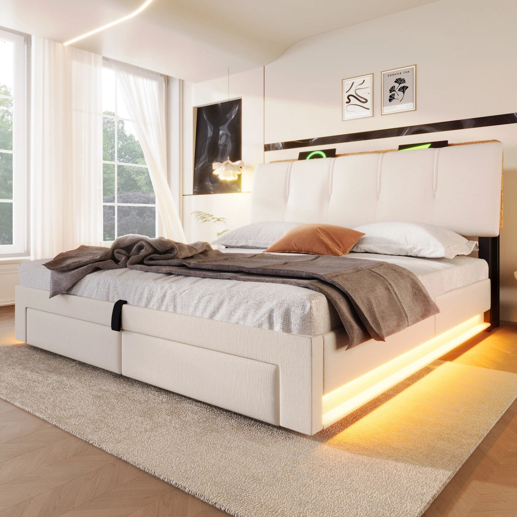 Letti contenitori 140x200 cm; con USB e LED; lino beige (Senza materasso)