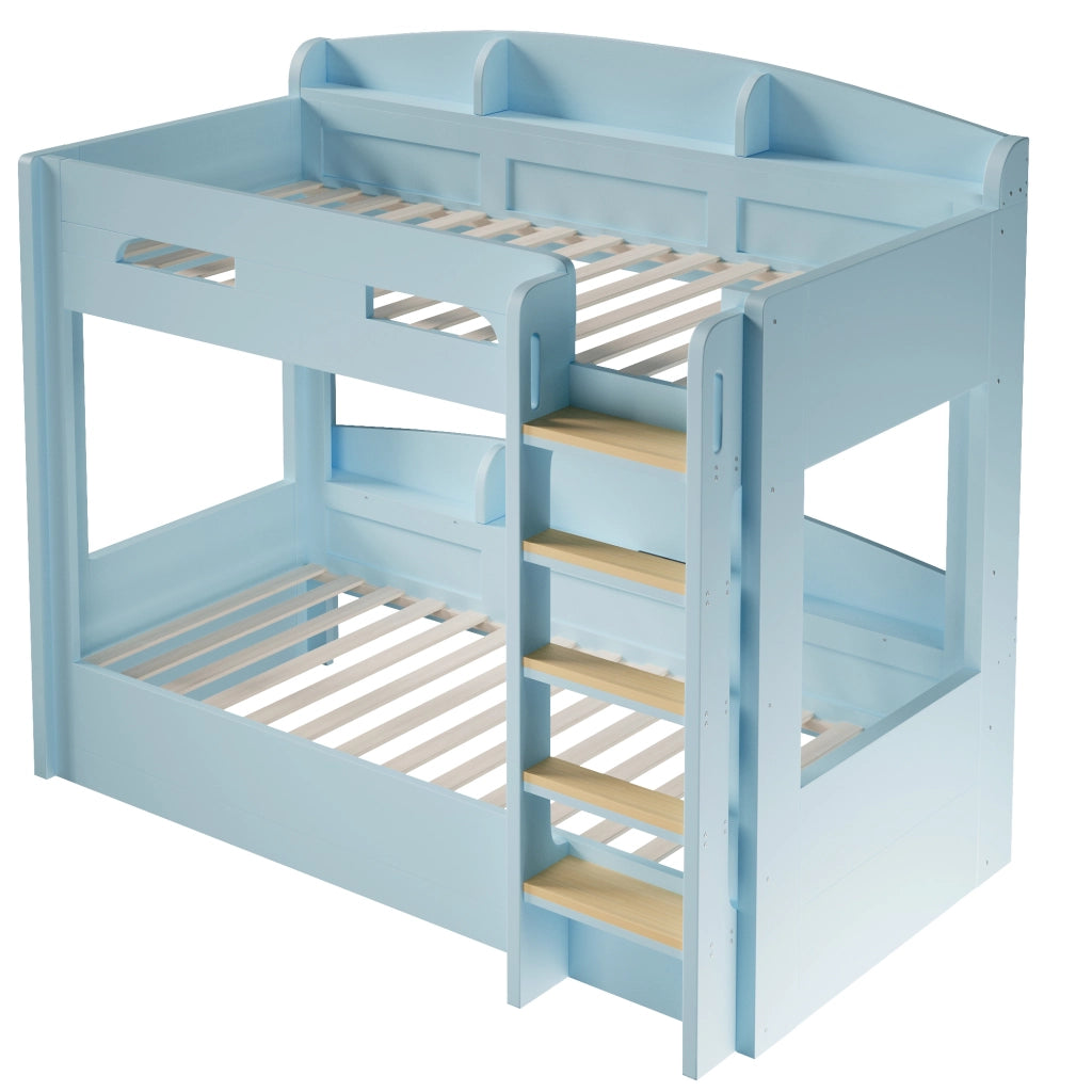 Letto a castello salvaspazio 90x200 cm con presa USB e ripiani; azzurro chiaro