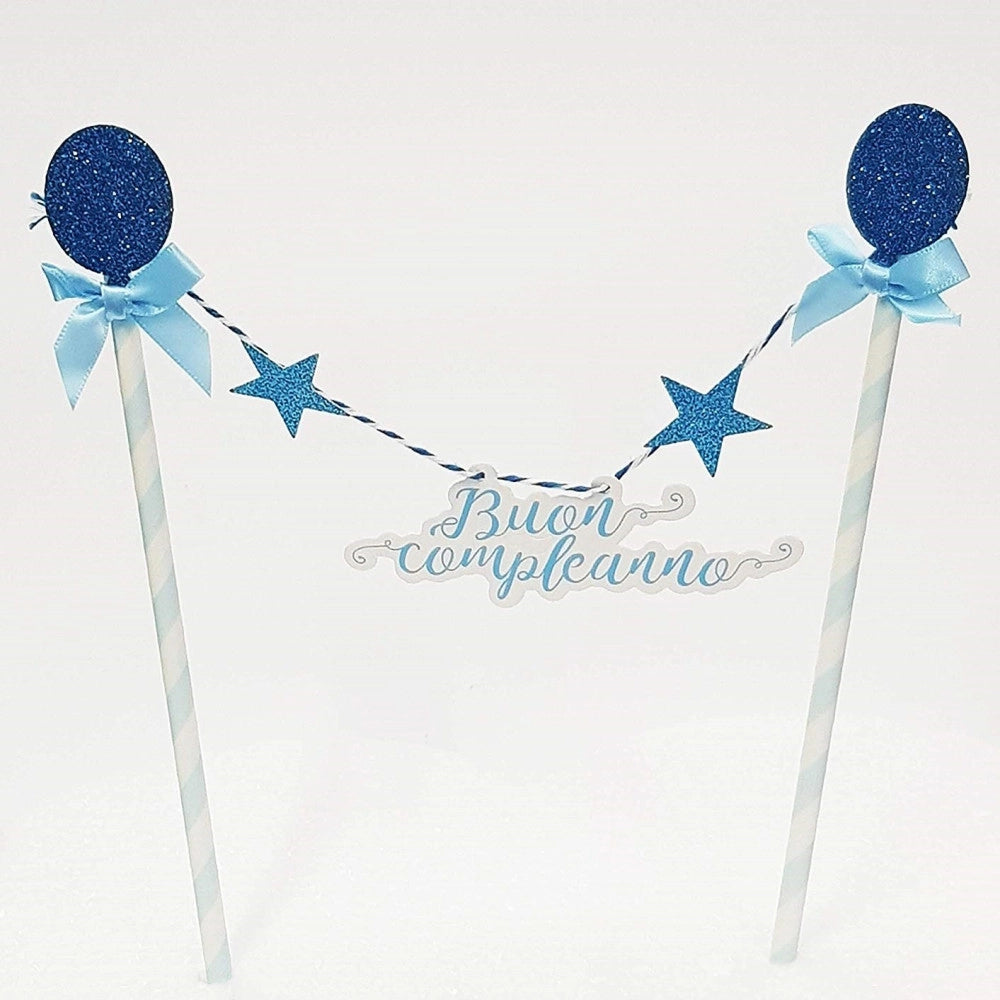 Trade Shop - Bandierine Cannucce Torta 2 Pezzi Azzurro Buon Compleanno Decorazione Festa -