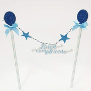 Trade Shop - Bandierine Cannucce Torta 2 Pezzi Azzurro Buon Compleanno Decorazione Festa -