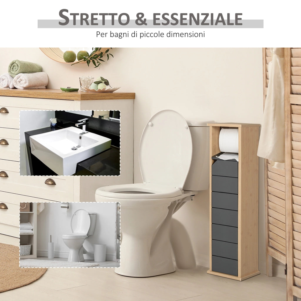 Mobile Bagno a Colonna con Porta Carta Igienica ¨C zephmum ¨C 18x18x75cm, Bamb¨´ e Grigio