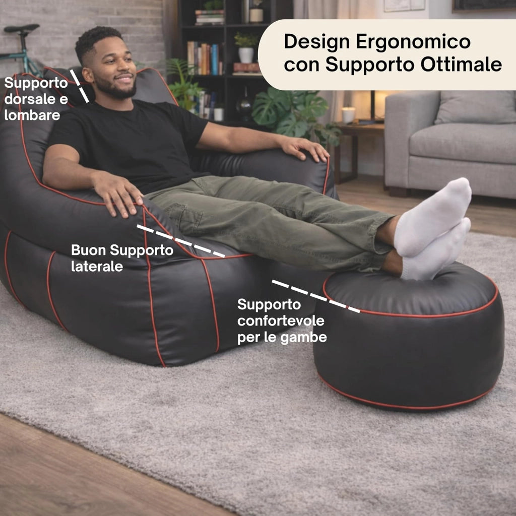 Set Pouf Poltrona Gaming XXL + Pouf rotondo - Comfort per relax e gaming - Poggiatesta regolabile, 2 tasche - Per divano, soggiorno e postazione gaming (110×100×90 cm, Rosso)