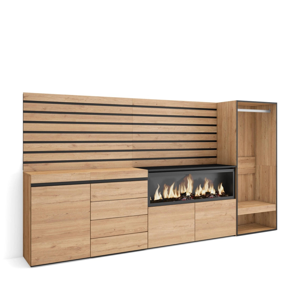 Credenza, 274x35x145cm, Camera da letto, Camino elettrico XXL, Cassettiera, Armadio Aperto, colore Rovere RF3399
