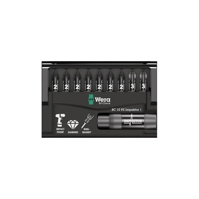 Wera 05057684001 Bit-Check 10 PZ Impaktor 1 Set di 10 Punte per Avvitatori a Percussione con Tecnologia Impaktor Rivestimento Diamantato Lunghezza 25 mm colore Grigio