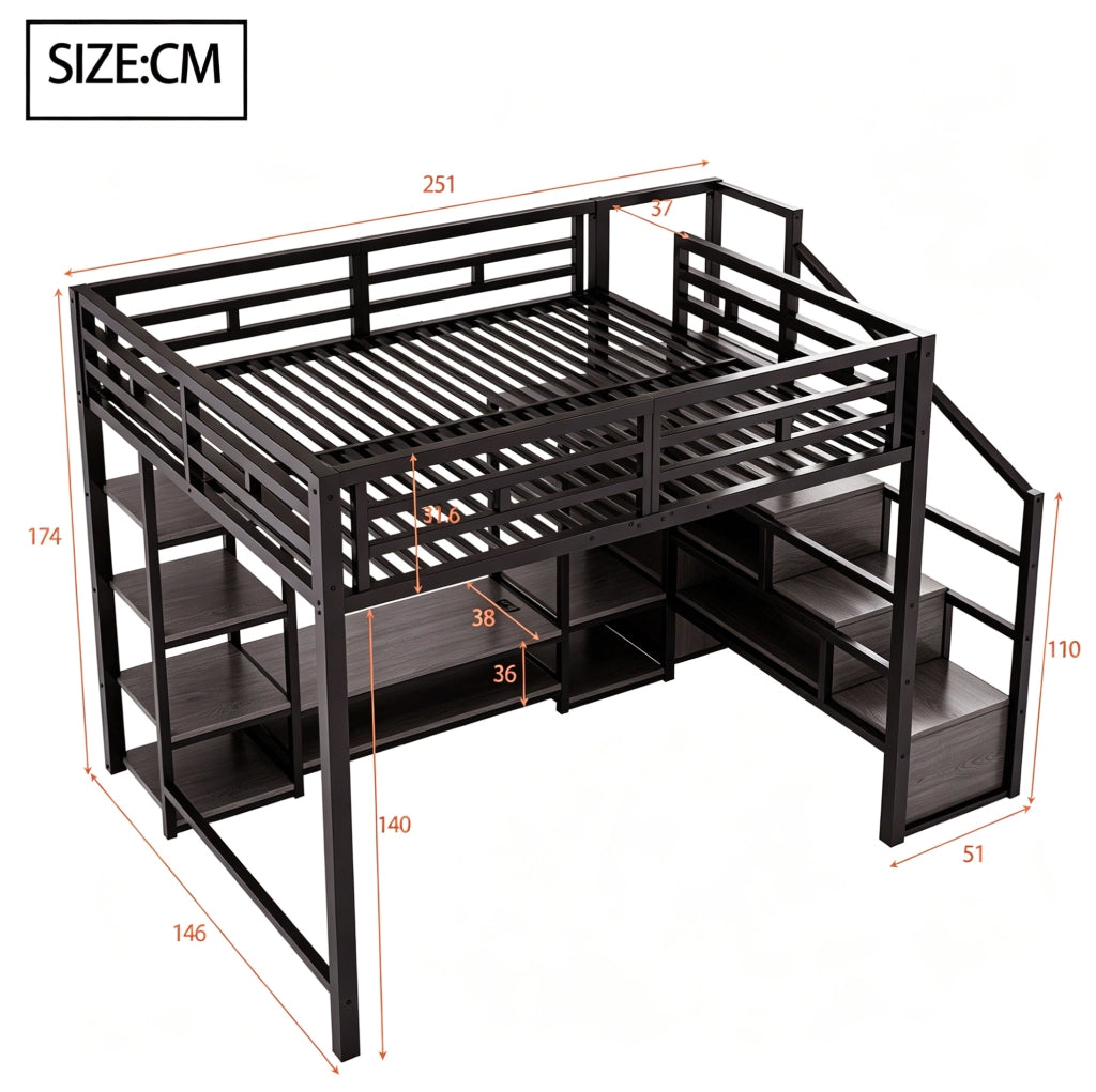 Letto a soppalco 140x200 cm con supporto TV e presa integrata; metallo e MDF; nero
