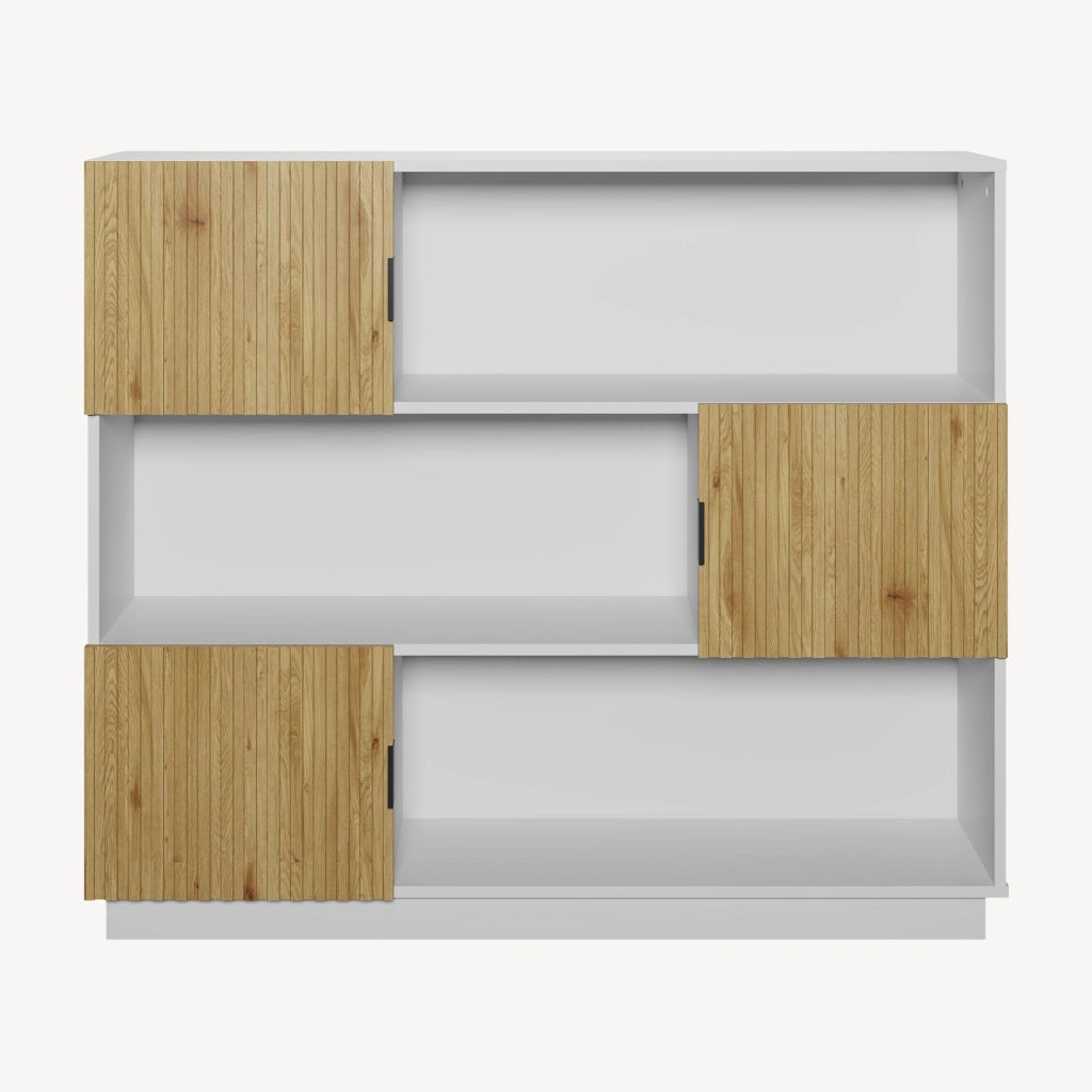Libreria Bassa Verhundar Scaffale a 3 Livelli con Vani Aperti e Chiusi con Ante 102x120x30 cm Bianco / color Legno [en.casa]