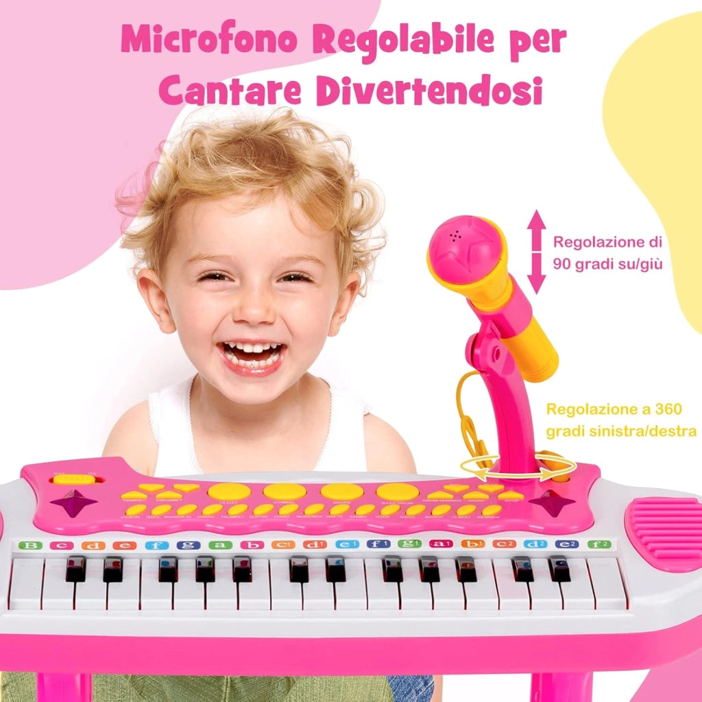Tastiera Giocattolo a 31 Tasti, Pianoforte Digitale per Bambini, con Microfono Sgabello Luci, Funzioni di Record e Playback, Pianola Bambini con 22 Battiti/8 Toni/7 Ritmi, per 3+ Anni (Rosa)
