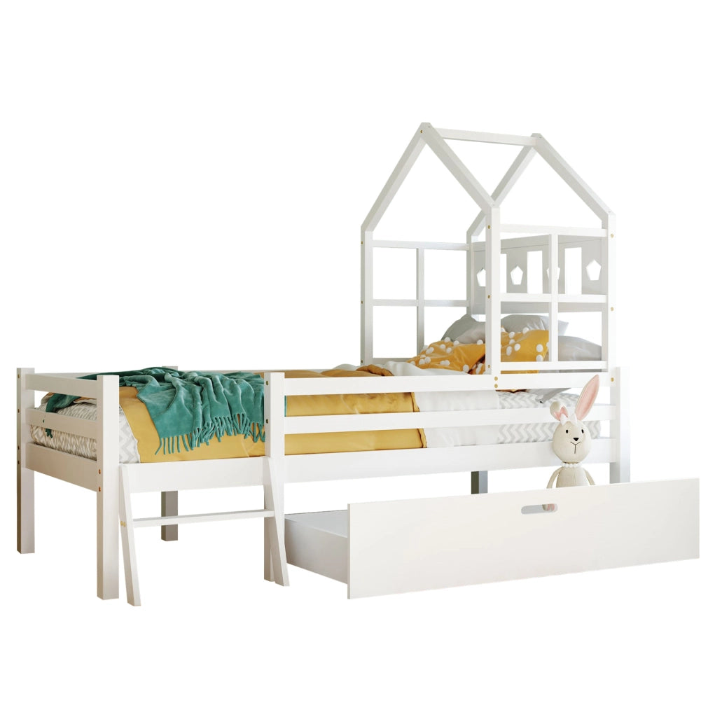 Letto a soppalco per bambini 90x200 cm in legno di pino bianco con scala e cassetto
