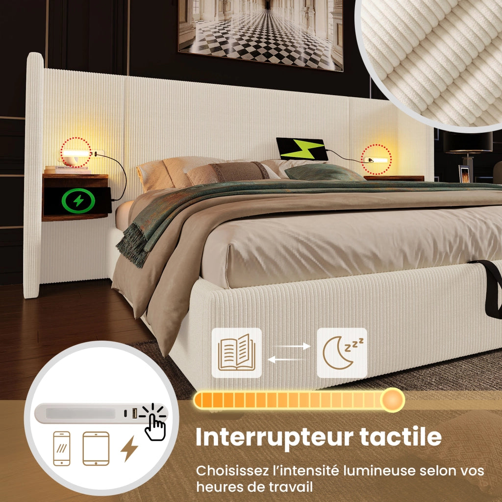 Letto Contenitore Letto Matrimoniale 160×200 cm con USB; Tipo C e Lampada da Lettura; senza Materasso