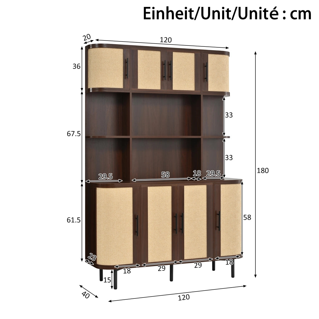 Madia con 8 ante e frontali effetto intrecciato - in MDF - 120x20x180 cm - noce