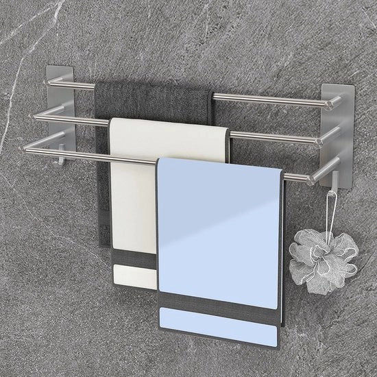 Manicotto per asciugamani autofissante a 3 bracci 60 cm in acciaio inossidabile SUS304 senza forature con due ganci in argento per bagno, cucina, camera da letto