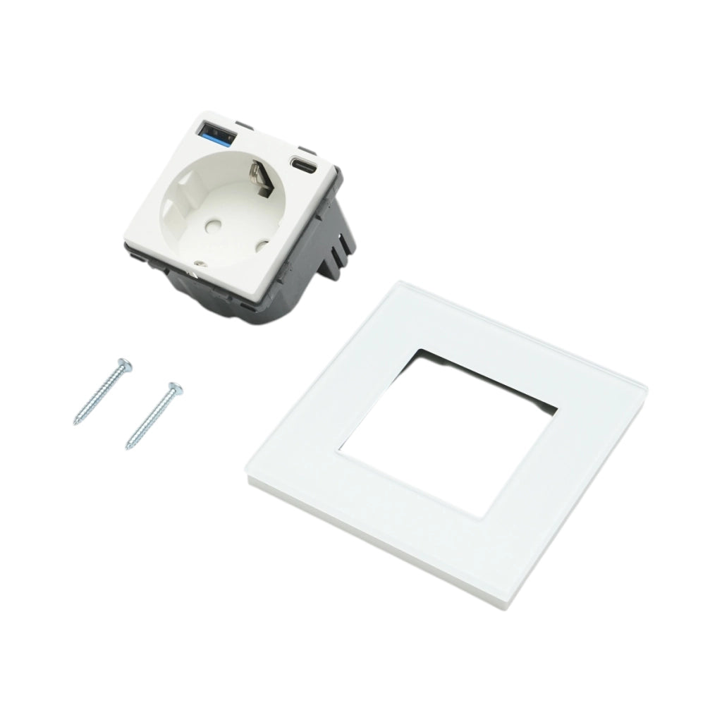 Presa Schuko da incasso bianca 220V, 16A, 2xUSB A+C 20W ricarica rapida, cornice in vetro 86x86x34mm